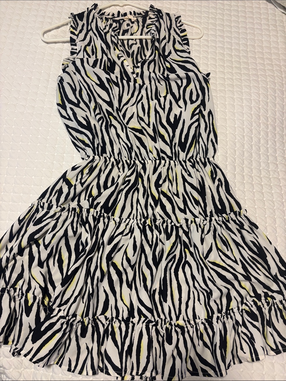 Tyche Black and White Zebra Print Mini Dress with Yellow Accents